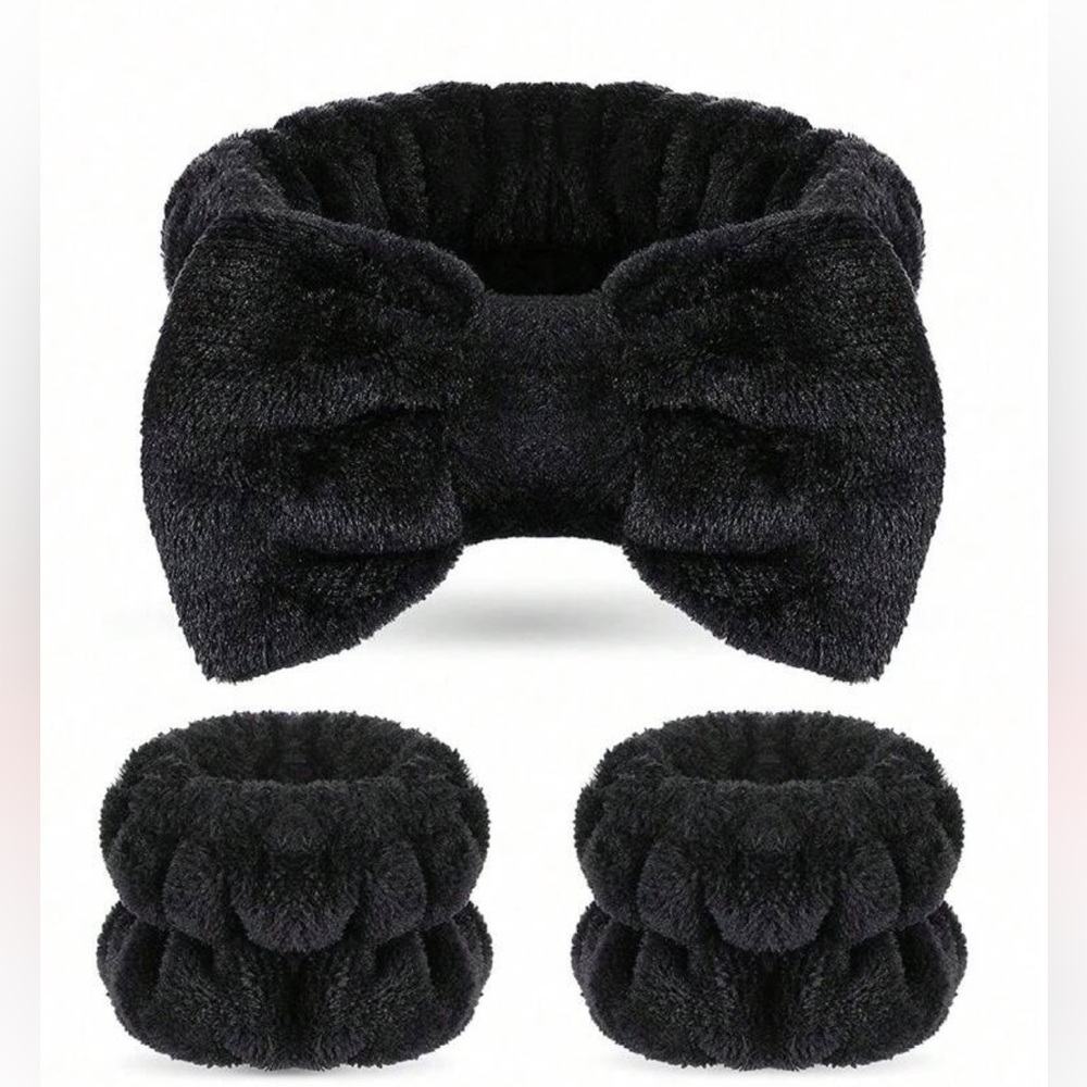 New  3 piece headband-1pc Solid Color Black Bath Headband & 2pcs Bath Wrist